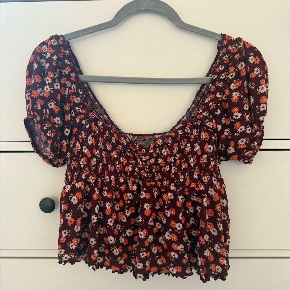 Romantic Floral Red Puff Sleeve Smocked Crop